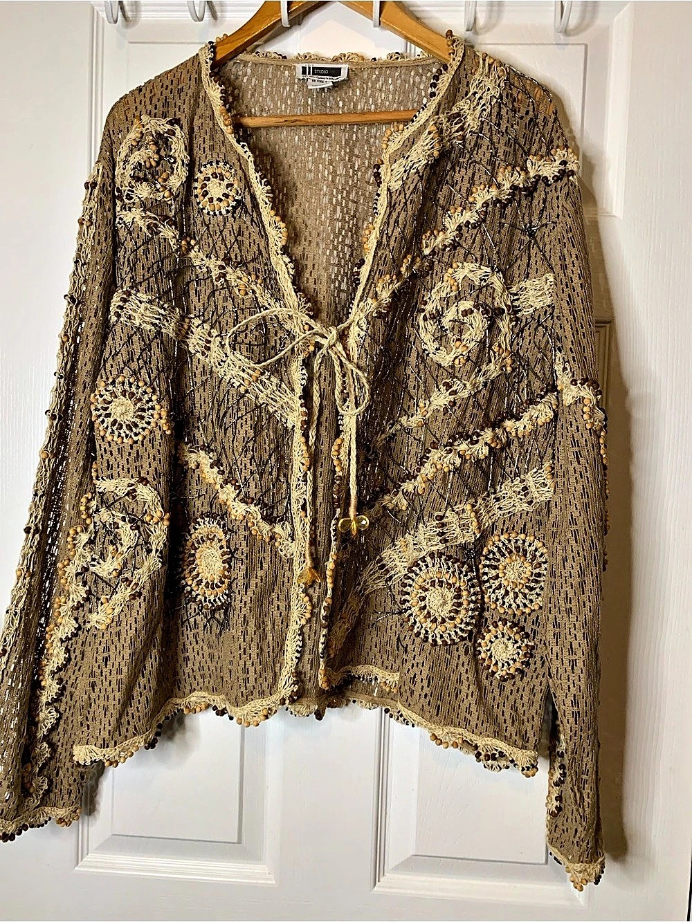 VTG JL Studio Crochet Open-Knit Mesh Sequin Beaded Cardigan Lagenlook Artsy Boho